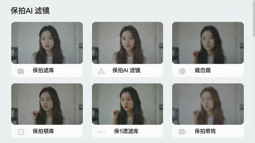 一张展示保拍AI滤镜风格库的界面图,画面中排列着多个滤镜缩略图,每个缩略图下方标注滤镜名称,背景为浅灰色,布局为网格状,风格清新简约,画质高清,干净无多余元素,图片中文字为“保拍AI 滤镜”