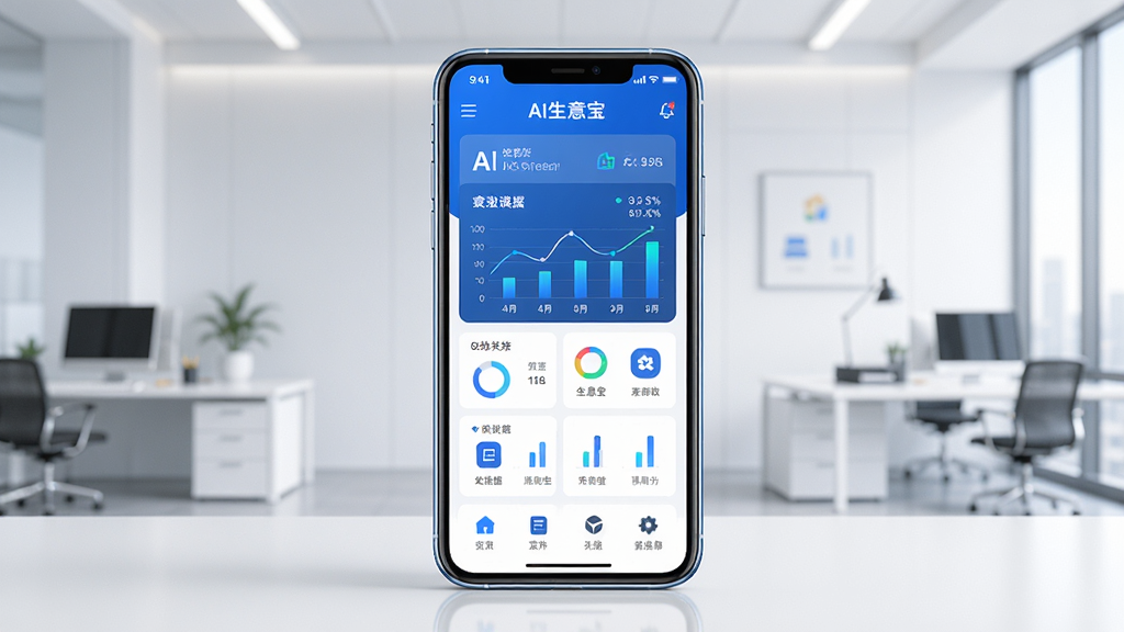 AI生意宝 手机应用界面 商业智能助手 主色调为科技蓝与白色 画面中央是一部智能手机 屏幕显示AI生意宝APP的仪表盘界面 包含数据图表和功能图标 背景是简洁的办公室环境 布局采用居中构图 风格为现代简约科技风 细节上手机边缘有光泽感 屏幕内容清晰可见 画质为4K高清 干净 无多余元素