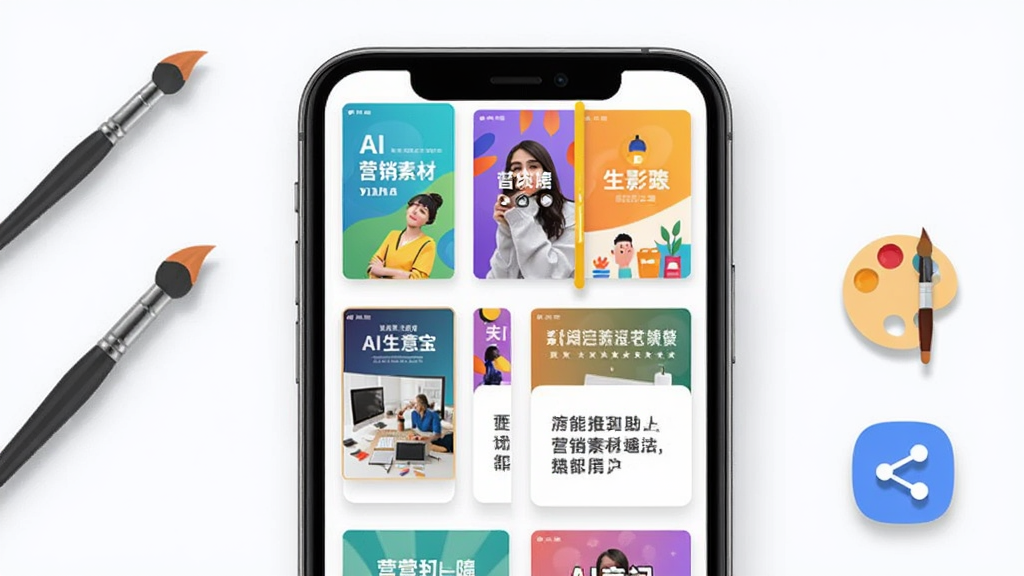 AI生意宝 营销素材助手界面 手机屏幕显示多种海报模板和文案卡片 周围有画笔 调色板和分享图标 布局采用网格状排列 风格为清新扁平化设计 细节上模板缩略图色彩丰富 图标有轻微投影 画质为高清 干净 无多余元素