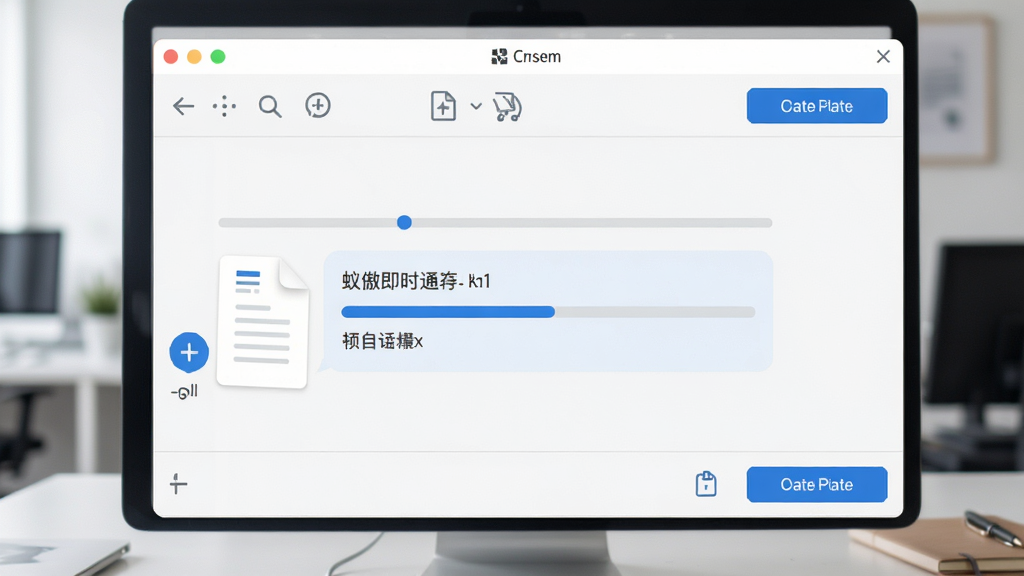 蚁傲即时通讯文件传输界面,画面展示聊天窗口中正在发送文档文件,进度条和文件名清晰可见,界面采用浅色背景和蓝色按钮,布局规整,风格简洁办公,细节干净,画质高清,无多余元素