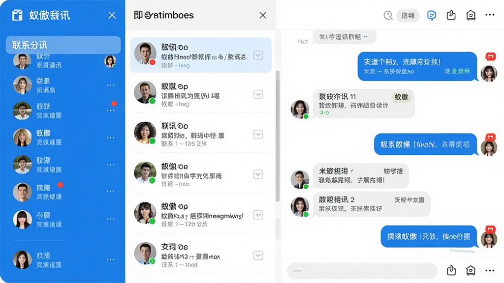 蚁傲即时通讯群组聊天界面,画面展示多个群组列表和消息通知红点,界面左侧为联系人分组,右侧为聊天内容,采用蓝白配色,布局清晰,风格现代办公,细节干净,画质高清,无多余元素