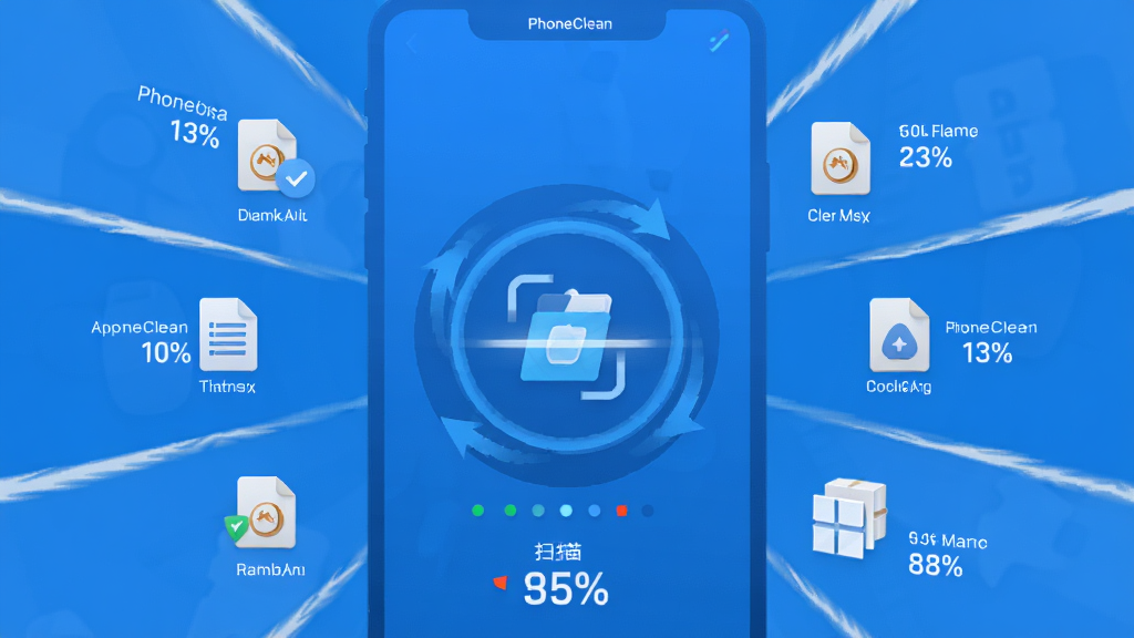 PhoneClean 智能扫描功能展示图,主体为软件扫描进度界面,布局上中央为旋转扫描动画,四周环绕各类垃圾文件分类图标,排版呈放射状,风格为扁平化科技蓝,细节包括文件名标签、文件大小数值、扫描百分比,画质高清 干净 无多余元素