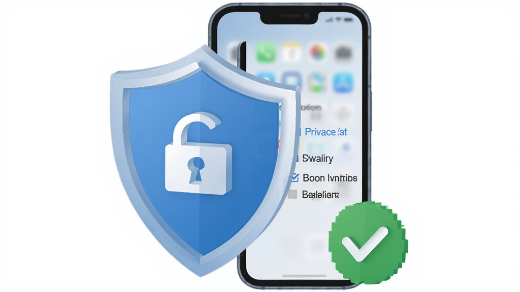 PhoneClean 隐私保护功能示意图,主体为盾牌与手机组合图标,布局上盾牌位于手机前方,排版居中,风格为安全防护主题,细节包括锁形图标、隐私数据列表、绿色安全标识,画质高清 干净 无多余元素