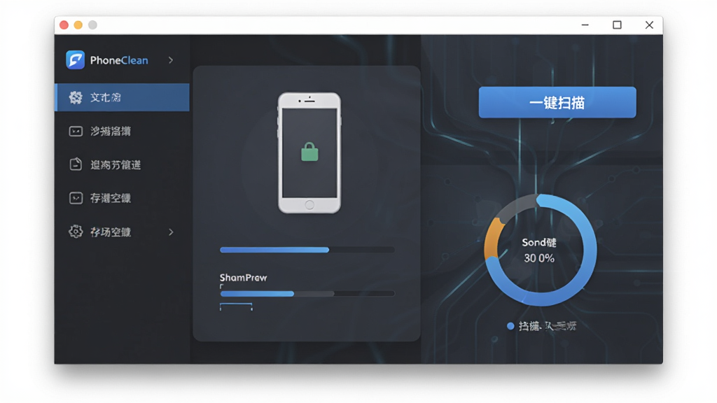PhoneClean 软件主界面全景图,主体为软件窗口居中展示,布局上左侧为功能导航栏,右侧为设备连接状态与一键扫描按钮,排版简洁清晰,风格为现代科技风,细节包括手机图标、扫描进度条、存储空间环形图,画质高清 干净 无多余元素