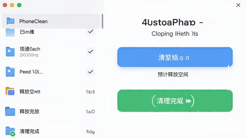PhoneClean 一键清理功能操作界面,主体为软件清理按钮与释放空间提示,布局上左侧为文件勾选列表,右侧为醒目的清理按钮,排版对称,风格为现代简约,细节包括已选文件数量、预计释放空间、清理完成动画,画质高清 干净 无多余元素