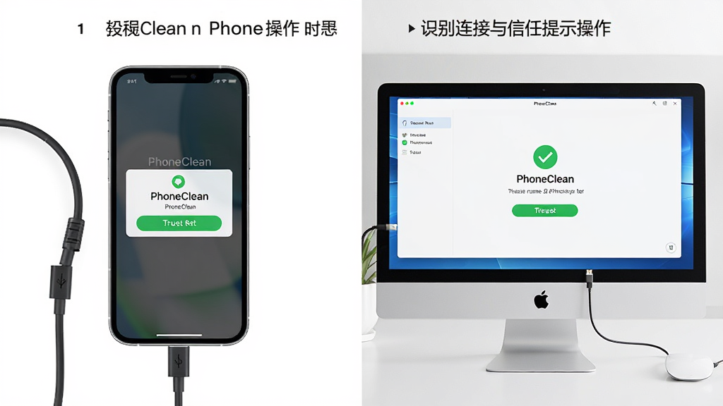 PhoneClean 设备连接与信任提示操作示意图,主体为手机与电脑连接画面,布局上手机屏幕显示信任弹窗,电脑屏幕显示软件识别成功,排版左右分栏,风格为教程指引,细节包括数据线、信任按钮、设备名称,画质高清 干净 无多余元素