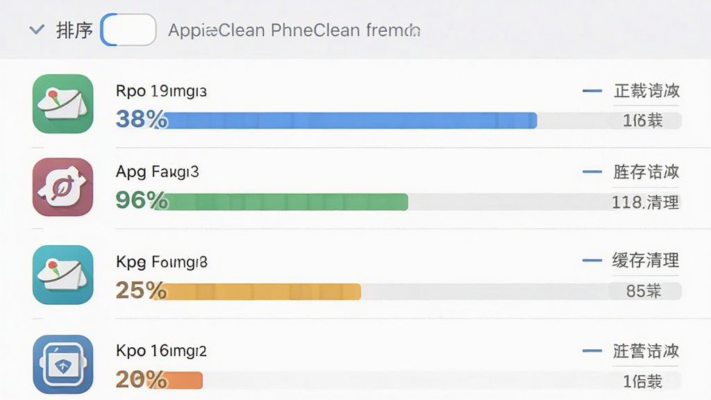 PhoneClean 应用管理功能界面,主体为应用列表与存储占用条形图,布局上顶部为排序选项,下方为应用图标与占用空间,排版纵向列表,风格为清爽工具风,细节包括卸载按钮、缓存清理按钮、占用百分比,画质高清 干净 无多余元素