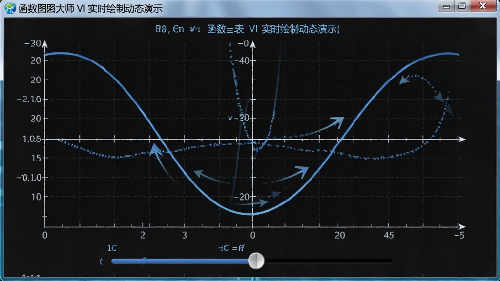 函数图像大师 VI 实时绘制动态演示,画面中一条抛物线随参数滑动而平滑变形,坐标轴自动适配范围,界面显示函数表达式与图像同步更新,风格为科技教育类软件截图,细节包含参数滑块、动态箭头指示、清晰的网格背景,画质高清,干净,无多余元素