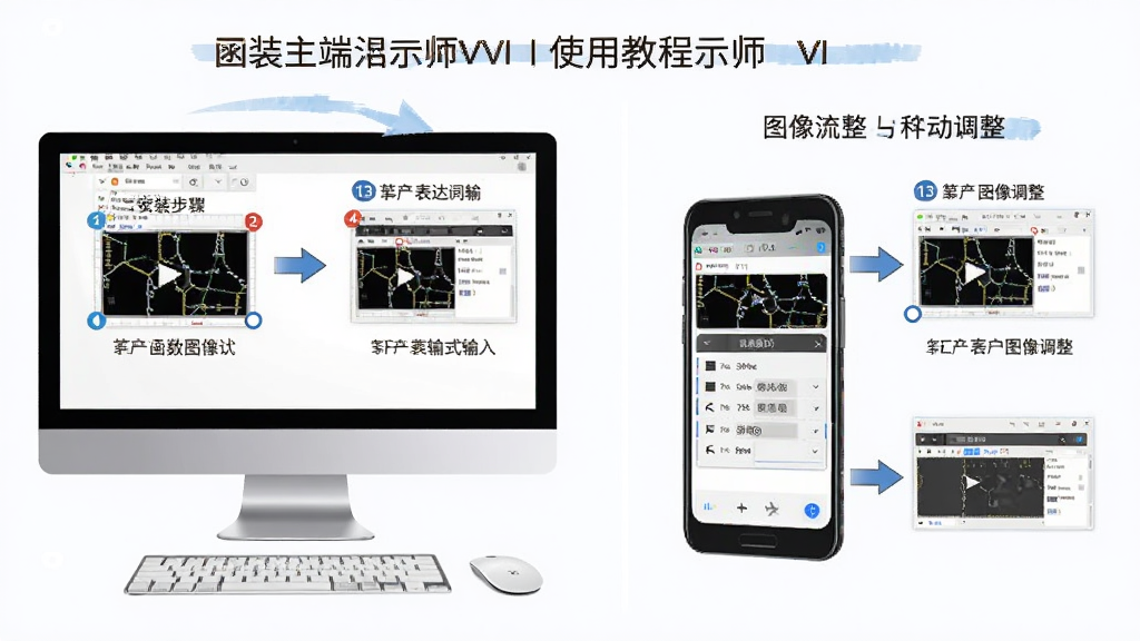 函数图像大师 VI 使用教程示意图,画面分为电脑端与移动端两个区域,分别展示安装步骤、表达式输入、图像调整等操作流程,风格为图文教程排版,细节包含步骤编号、箭头指引、界面截图缩略,画质高清,干净,无多余元素