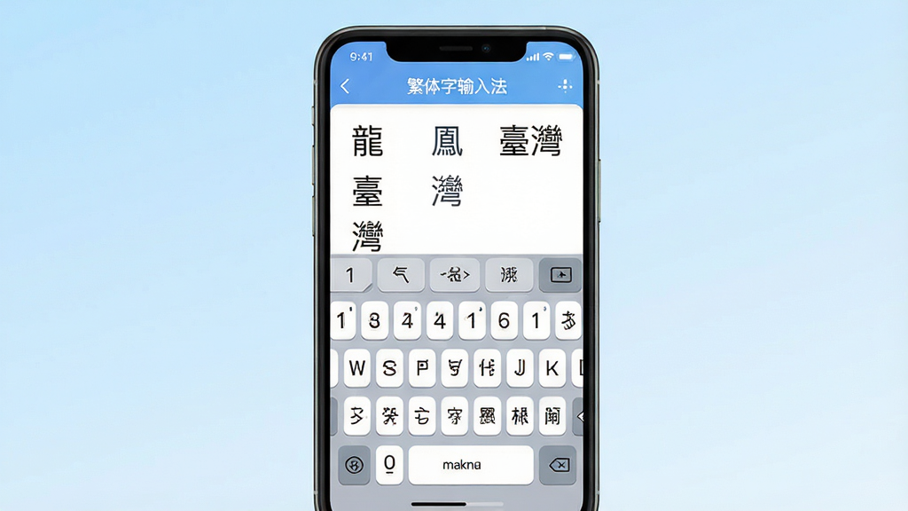 一款名为“繁体字输入法”的手机应用界面展示,画面中央是手机屏幕,屏幕内显示繁体中文输入键盘与候选词列表,背景为简洁的浅蓝色渐变,布局采用居中构图,风格为现代扁平化设计,细节包括圆角按键、清晰的繁体字候选词如“”“”“”等,画质高清,干净,无多余元素