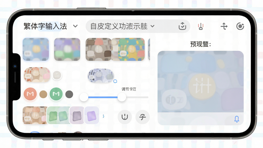 一张展示“繁体字输入法”皮肤自定义功能的示意图,主体为手机输入法设置界面,布局包含皮肤缩略图、按键大小调节滑块与预览区域,风格为柔和圆角设计,细节包括多种颜色主题与实时预览效果,画质高清,干净,无多余元素
