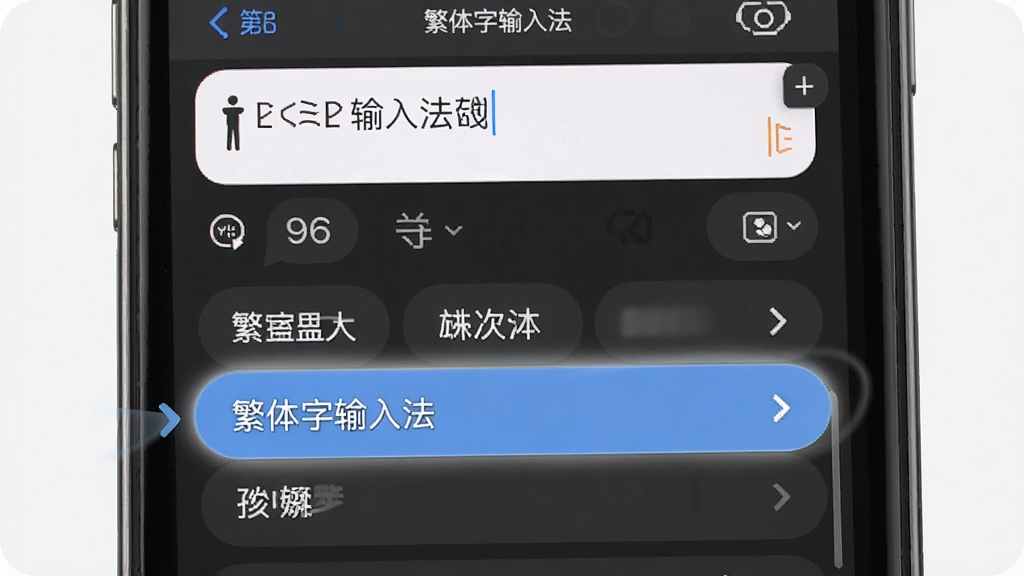 一张展示“繁体字输入法”智能联想功能的界面截图,主体为手机屏幕,屏幕内显示输入框与下方联想词列表,联想词为繁体中文词组,风格为简洁现代,细节包括高亮选中的联想词与流畅的动画效果,画质清晰,干净,无多余元素