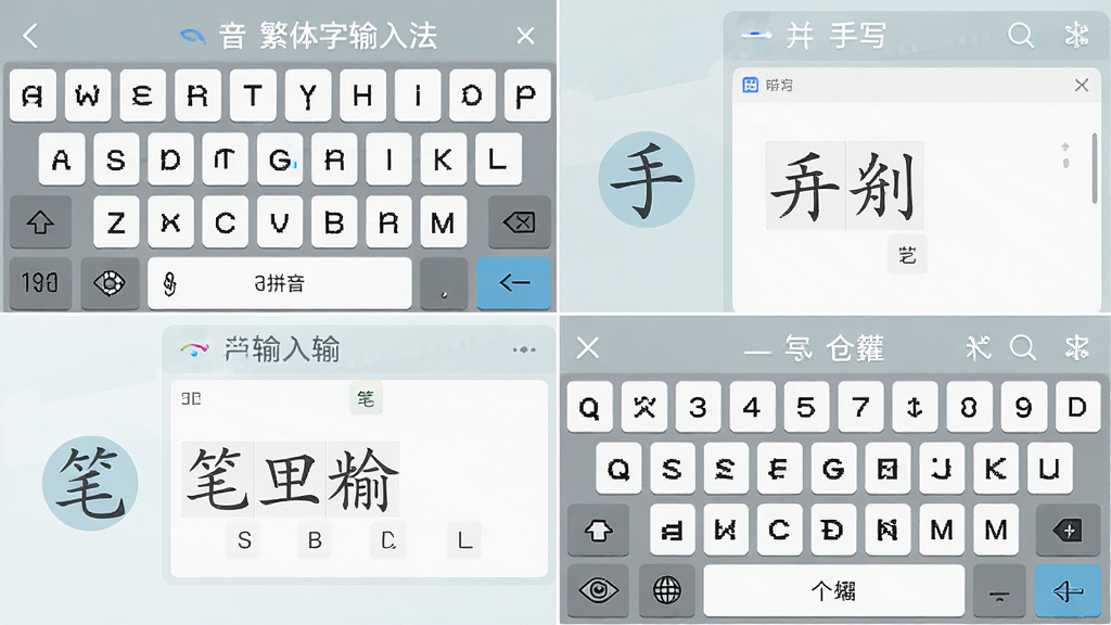 一张展示“繁体字输入法”多模式输入功能的宣传图,主体为四宫格布局,分别展示拼音键盘、手写面板、笔画输入和仓颉键盘,风格为清新扁平化,细节包括每种模式的图标与示例文字,画质高清,干净,无多余元素