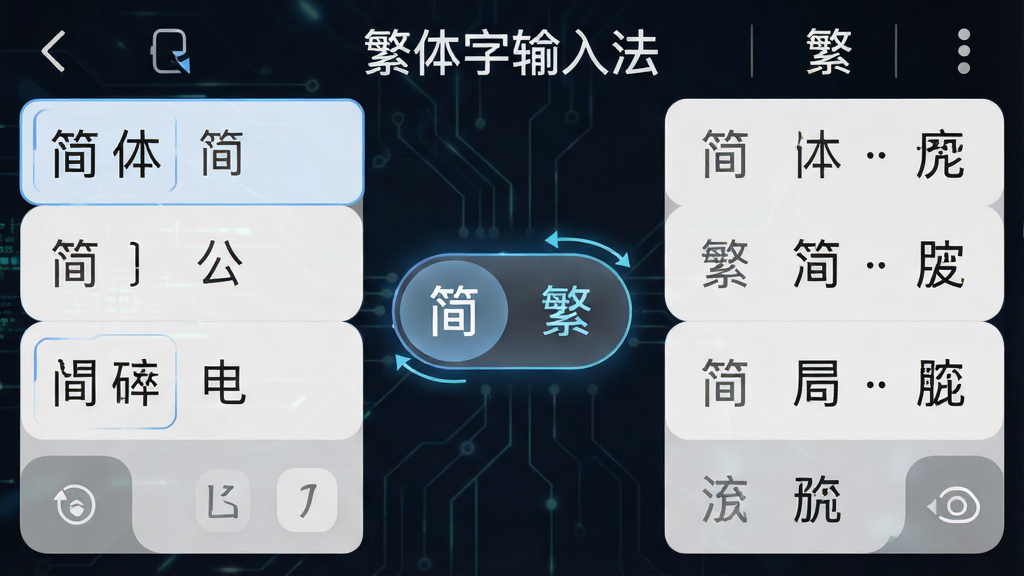 一张展示“繁体字输入法”繁简切换功能的示意图,主体为手机输入法界面,布局左侧显示简体候选词,右侧显示繁体候选词,中间有一个切换按钮,风格为科技感UI设计,细节包含“简”“繁”字样与箭头指示,画质清晰,干净,无多余元素