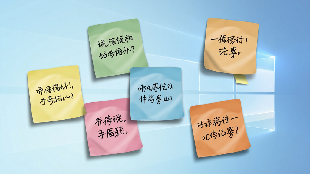 桌面记事贴便签贴在电脑桌面上的效果图,画面主体为一块Windows桌面,桌面上散布着五颜六色的记事贴纸,每张便签上写有不同的文字内容,布局错落有致,风格为清新写实风,细节包含便签阴影效果、圆角边缘、桌面背景为淡蓝色渐变,画质清晰干净无多余元素