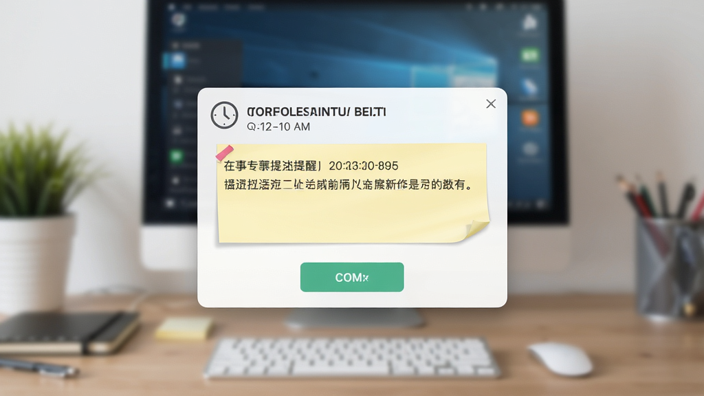 桌面记事贴定时提醒功能界面,画面中央弹出提醒通知窗口,窗口内显示便签内容和时间信息,背景为电脑桌面,布局为通知弹窗居中,风格为现代简约风,细节包含时钟图标、便签文字、确认按钮,画质高清干净无多余元素