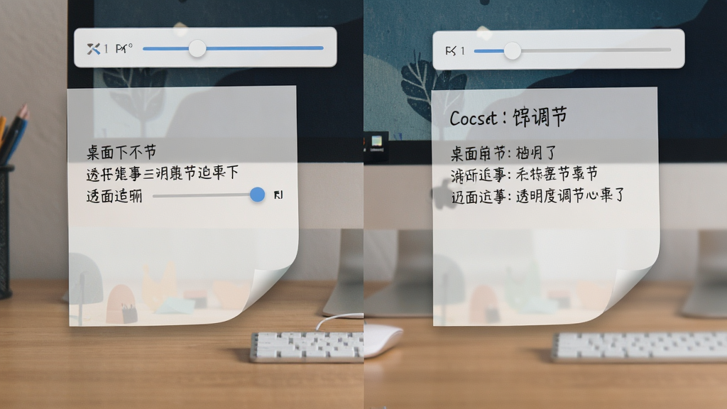 桌面记事贴透明度调节功能展示,画面中电脑桌面上有两张便签,一张完全不透明一张半透明,背景壁纸隐约可见,布局为左右对比排列,风格为写实软件截图风,细节包含透明度滑块控件、便签文字内容、桌面壁纸图案,画质清晰干净无多余元素