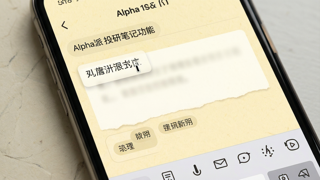 Alpha派 投研笔记功能界面,手机屏幕展示笔记编辑页面,包含标题、正文与标签区域,背景为浅黄色纸张质感,风格柔和护眼,细节包含打字光标与工具栏图标,画质高清,干净,无多余元素