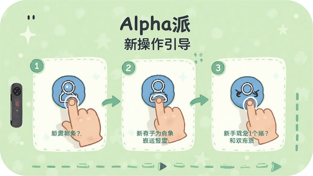 Alpha派 新手操作引导页面,手机屏幕显示分步教程插图,包含手指点击图标与文字说明,背景为浅绿色,风格友好亲切,细节包含步骤序号与箭头指示,画质高清,干净,无多余元素