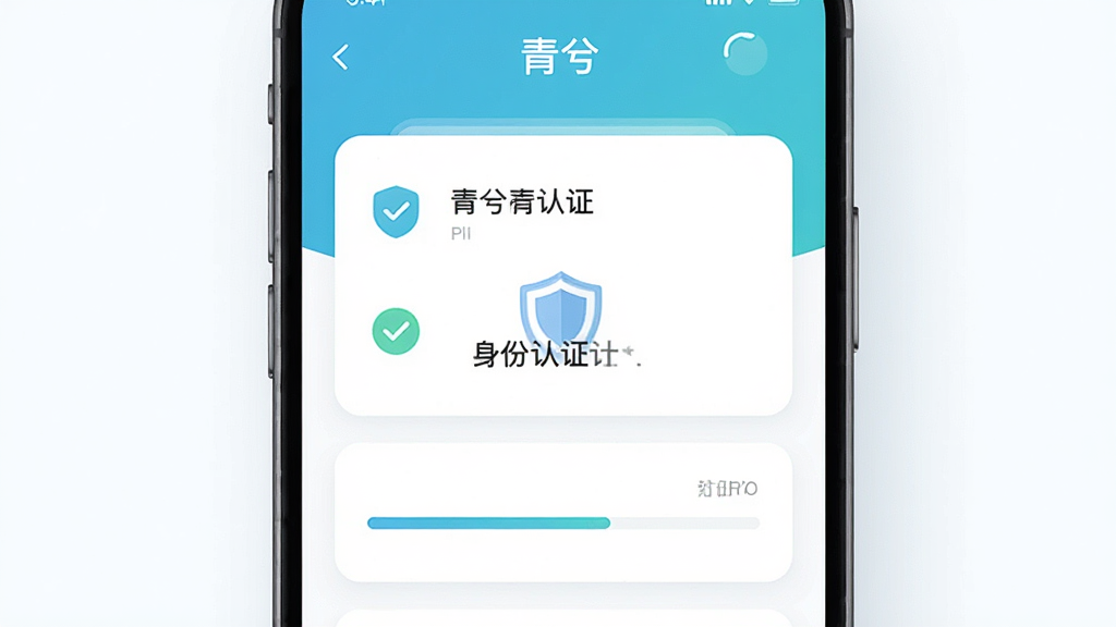 一张展示手机应用身份认证流程的界面截图风格插图,画面主体为“青兮”应用的认证页面,布局采用卡片式上下排列,排版居中显示认证步骤,风格为清新简约的移动端UI设计,细节包括勾选图标、盾牌安全标识、进度条,画质高清,画面干净整洁