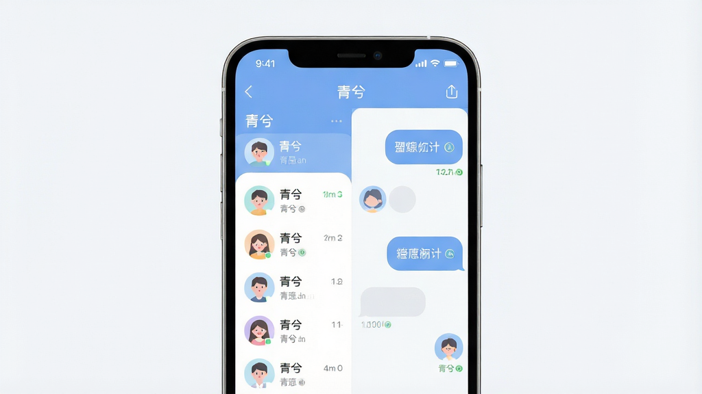 一张手机屏幕展示社交聊天界面的高清渲染图,画面中央是名为“青兮”的聊天应用主界面,左侧为联系人列表,右侧为对话气泡,整体布局简洁清晰,排版采用上下结构,风格为现代扁平化设计,细节包括柔和的蓝白配色、圆角头像、消息已读标记,画质为4K超清,画面干净无多余元素