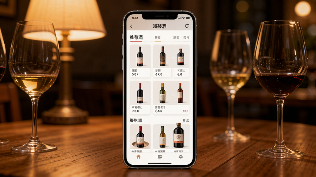 喝臻酒软件主界面展示,画面中央是一部智能手机,屏幕上显示着各类酒品分类列表和推荐酒款,背景是温馨的品酒场景,暖色调灯光,木质桌面,几只高脚杯,整体风格简洁现代,布局清晰,画质干净,无多余元素