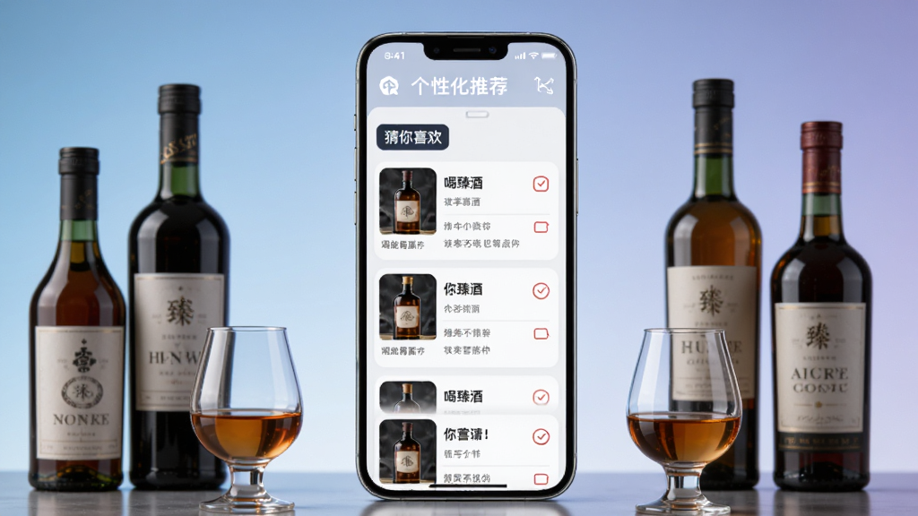 喝臻酒智能推荐功能展示,手机屏幕显示个性化推荐列表,带有“猜你喜欢”标签,周围环绕着各种酒瓶和品酒杯,背景是柔和的渐变色调,风格现代科技感,画质干净