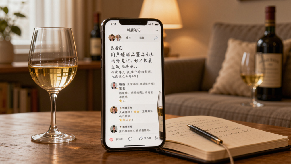 喝臻酒品鉴笔记与社区交流界面,手机屏幕展示用户书写的品酒笔记和社区互动评论,旁边有酒杯和笔记本,背景是舒适的居家品酒角落,暖色调,画质清晰干净