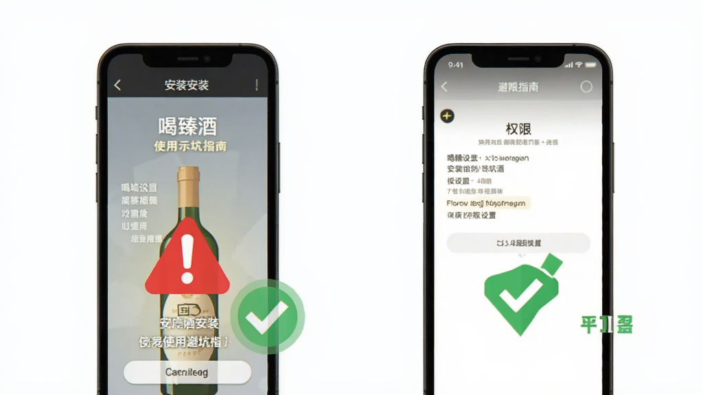 喝臻酒安装使用避坑指南示意图,画面展示手机安装界面和权限设置页面,带有红色警示图标和绿色对勾图标,背景简洁,风格扁平化,画质清晰干净