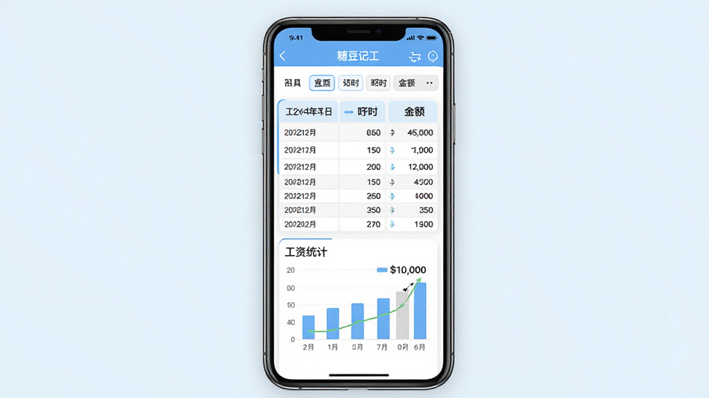 糖豆记工手机应用界面展示,画面中央是一部智能手机,屏幕上显示着工时记录表格与工资统计图表,背景为干净浅色,风格简洁明快,细节包括日期栏、工时数字、金额汇总,画质清晰,无多余元素