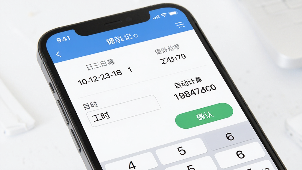 糖豆记工应用内快速记工界面,画面主体为手机屏幕特写,显示日期选择器、工时输入框和自动计算出的金额数字,布局清晰,风格现代简约,细节有确认按钮和数字键盘,画质干净明亮