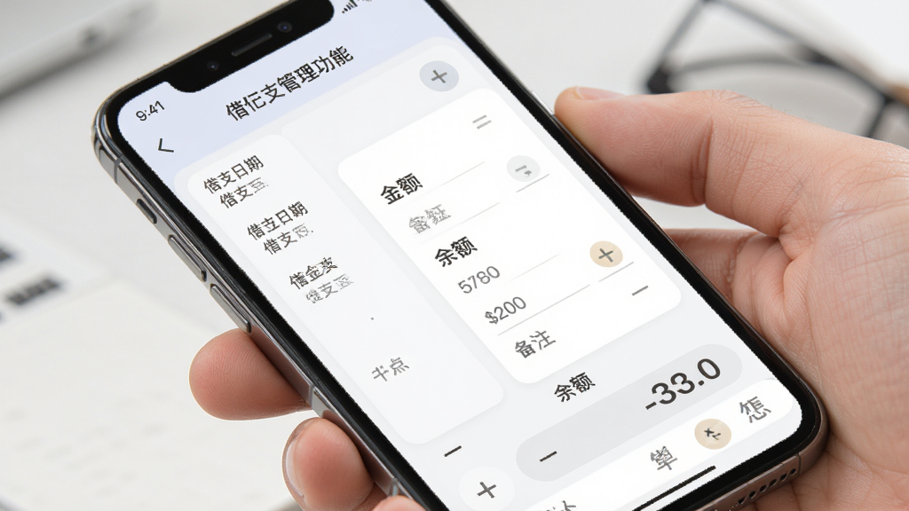 糖豆记工借支管理功能界面,手机屏幕展示借支列表与余额计算,包含借支日期、金额和备注字段,布局清爽,风格柔和,细节有加减符号和汇总数字,画质清晰干净