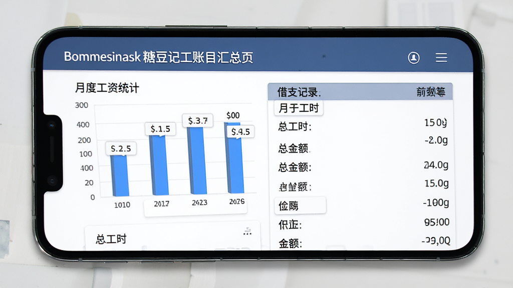 糖豆记工账目汇总页面,手机屏幕显示月度工资统计图表与列表,包含总工时、总金额、借支记录等数据,排版整齐,风格商务简洁,细节有柱状图和数字标签,画质高清无杂乱