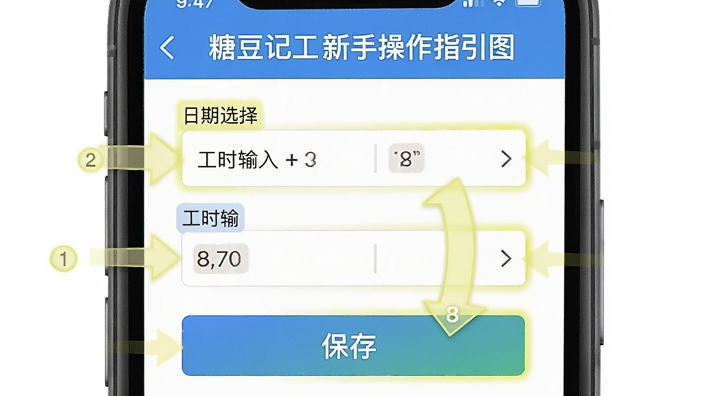 糖豆记工新手操作指引图,画面为手机屏幕截图风格,展示记工步骤箭头标注,包含日期选择、工时输入和保存按钮,布局清晰,风格教程图解,细节有高亮框和数字序号,画质干净整洁