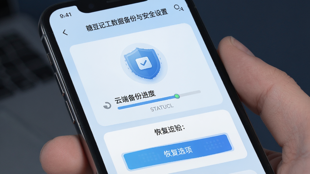 糖豆记工数据备份与安全设置界面,手机屏幕显示云端备份进度和恢复选项,布局居中,风格科技感浅蓝,细节有盾牌图标和同步状态,画质锐利干净