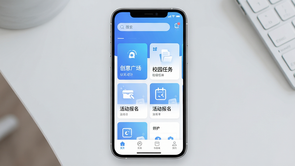一张展示i嗨创APP主界面的手机样机图,画面中央是一部竖屏智能手机,屏幕内呈现i嗨创的首页布局,顶部有搜索栏和消息图标,中部为卡片式功能入口,包含创意广场、校园任务、活动报名等模块,底部为导航栏,整体采用蓝白渐变配色,风格简洁现代,背景为浅灰色桌面,画质清晰干净,无多余元素