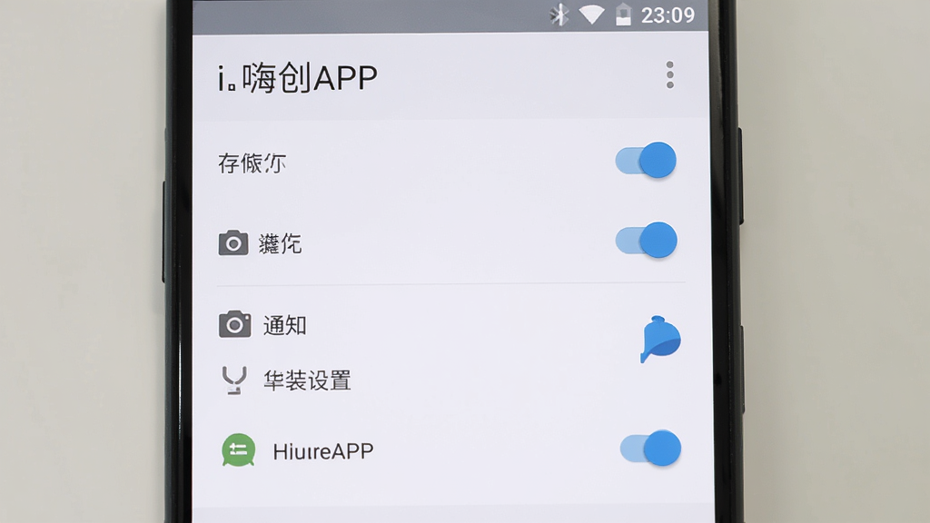 i嗨创APP安装权限设置界面示意图,画面为手机屏幕特写,显示安卓系统的应用权限管理页面,包含存储、相机、通知等权限开关,界面为原生安卓风格,配色以白色和浅灰色为主,背景简洁,画质清晰,无多余元素