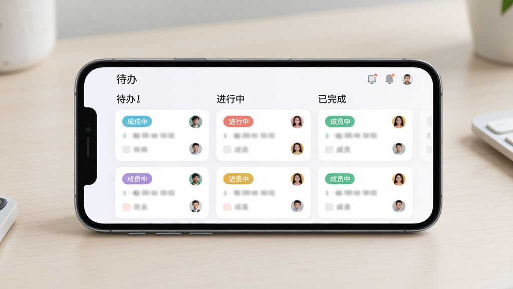 i嗨创APP任务看板功能示意图,画面展示一部手机横屏放置,屏幕内为看板视图,分为待办、进行中、已完成三列,每列中有若干任务卡片,卡片上有彩色标签和成员头像,界面风格扁平化,配色柔和,背景为干净的浅色桌面,画质高清,无多余装饰
