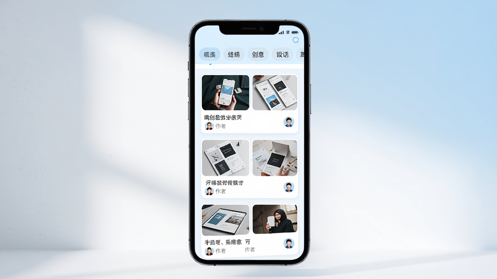 i嗨创APP创意广场界面展示图,画面主体为手机屏幕,屏幕内显示瀑布流式的创意卡片,每张卡片包含缩略图、标题和作者头像,顶部有分类标签栏,界面配色以白色和淡蓝色为主,风格清新明快,背景为柔和的光影渐变,画质细腻,无杂乱元素