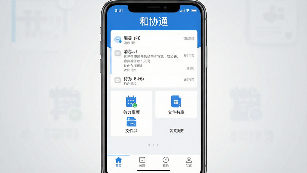 一张展示和协通软件主界面的预览图,画面中央是手机屏幕,屏幕内呈现和协通应用的首页布局,顶部显示“和协通”三个字,中部有消息列表、待办事项、文件共享等模块图标,底部为导航栏,整体采用蓝白配色,风格简洁商务,背景为浅灰色渐变,画质清晰,干净,无多余元素