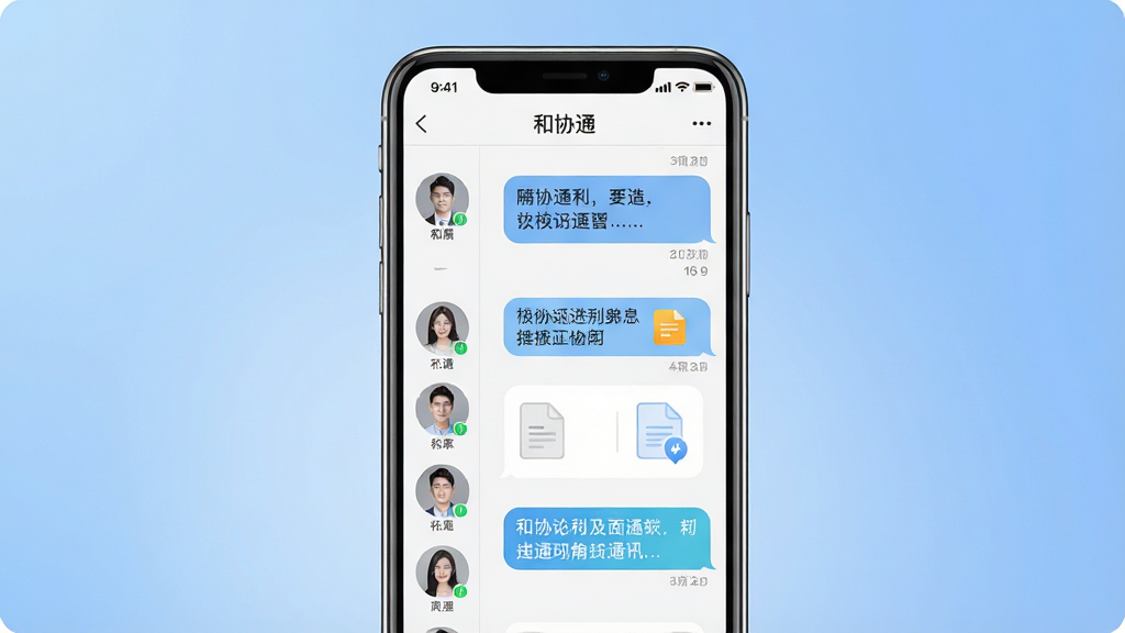 一张展示和协通即时通讯功能的AI生图,画面主体为一部智能手机,屏幕内显示“和协通”聊天界面,左侧排列多个联系人头像,右侧为对话气泡,气泡内包含文字与文件图标,背景为柔和的蓝色渐变,布局居中对称,风格简洁现代,细节清晰,画质干净,无多余元素