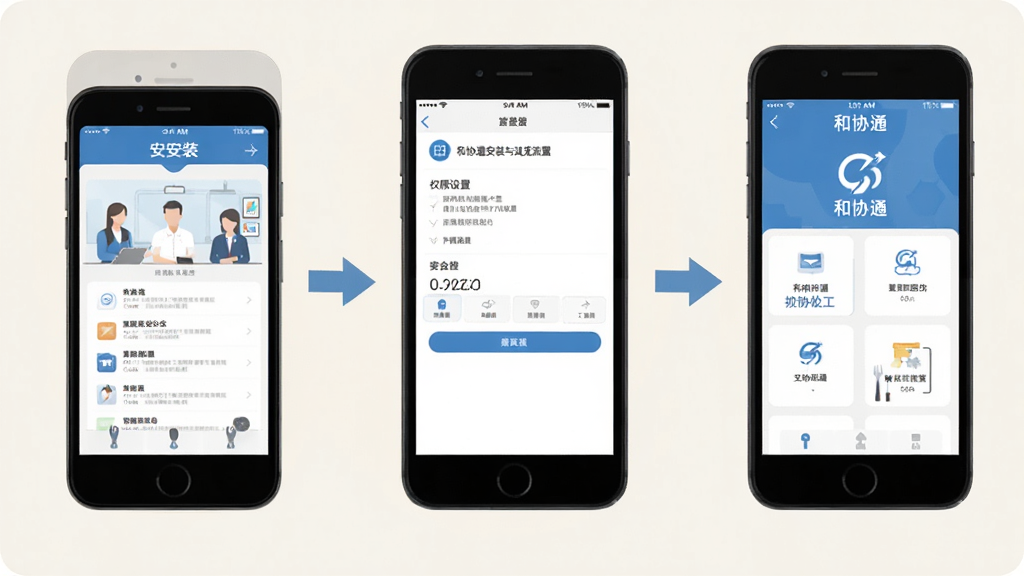 一张展示和协通安装与设置流程的示意图,画面分为三个步骤,左侧为手机安装界面,中间为权限设置页面,右侧为“和协通”主界面,每个步骤用箭头连接,背景为浅色,风格扁平化,布局横向排列,细节清晰,画质干净,无多余元素