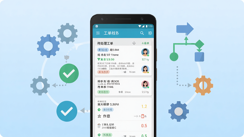 画面中央是一部安卓手机,屏幕显示工单栈应用主界面,界面内有待处理工单列表和统计卡片,手机周围环绕着齿轮、对勾、流程箭头等扁平化图标,背景为浅蓝色渐变,整体布局简洁明快,风格为现代科技扁平插画,细节包含工单卡片、状态标签、人员头像,画质清晰,干净,无多余元素