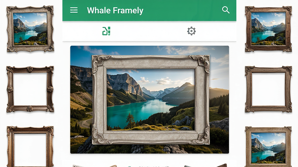 一张安卓手机屏幕展示Whale Framely应用主界面,画面中央是一张添加了精美相框的风景照片,四周环绕多种相框样式缩略图,布局为上方标题栏下方功能按钮,排版简洁,风格清新现代,细节包含相框边角纹理和照片光影,画质高清干净无多余元素
