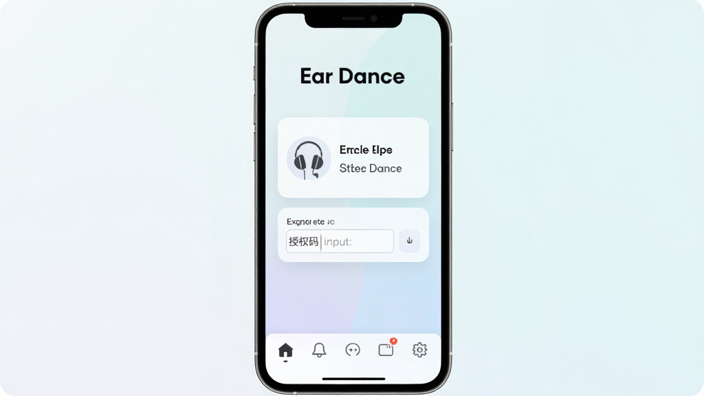 手机屏幕中央显示Ear Dance软件主界面,界面布局简洁,顶部为软件名称Ear Dance,中部为耳机连接状态卡片和授权码输入框,底部为功能导航栏,背景为浅色渐变,风格清新现代,细节清晰,画质干净,无多余元素