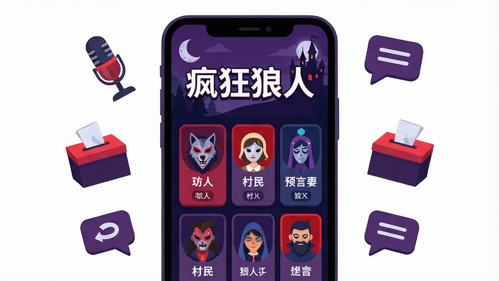 一张展示“疯狂狼人”游戏主界面的手机应用截图风格插画,画面中央是一部竖屏手机,屏幕内显示“疯狂狼人”四个大字标题,标题下方排列着多个游戏房间卡片,卡片上有狼人、村民、预言家等角色头像图标,手机周围漂浮着麦克风、投票箱、对话气泡等元素,整体布局居中对称,风格为扁平化卡通插画,色彩以深紫、暗蓝、亮红为主,细节包括角色面具、月亮、古堡剪影等狼人杀主题装饰,画质高清,画面干净,无多余元素