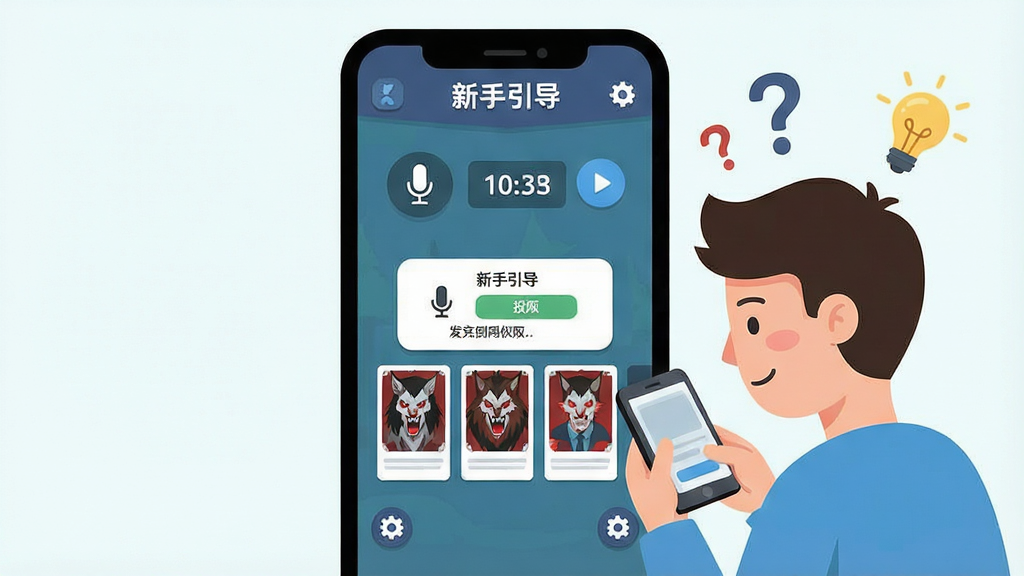 一张表现“疯狂狼人”新手操作界面的插画,画面中央是手机屏幕,屏幕内显示游戏房间界面,有麦克风图标、发言倒计时、投票按钮和角色卡牌,屏幕旁边有一位卡通风格的新手玩家正在看手机,头顶有问号和灯泡图标,布局为左右结构,风格为清新扁平插画,细节包括屏幕上的“新手引导”文字、麦克风权限弹窗、设置齿轮图标,画质高清,画面干净,无多余元素