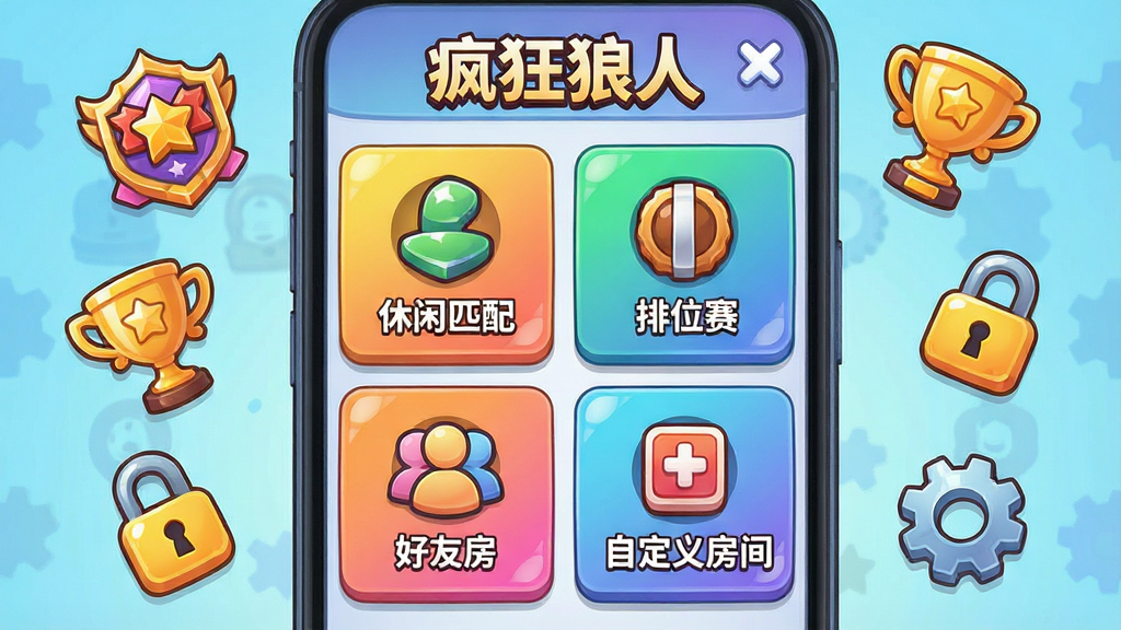 一张表现“疯狂狼人”多模式匹配界面的插画,画面中央是手机屏幕,屏幕内显示四个模式入口卡片,分别标注“休闲匹配”“排位赛”“好友房”“自定义房间”,每个卡片配有对应图标,屏幕上方有“疯狂狼人”标题,周围漂浮着段位徽章、奖杯、密码锁、齿轮等元素,布局为四宫格排列,风格为明亮卡通UI风格,细节包括卡片的渐变底色、图标的高光效果,画质高清,画面干净,无多余元素