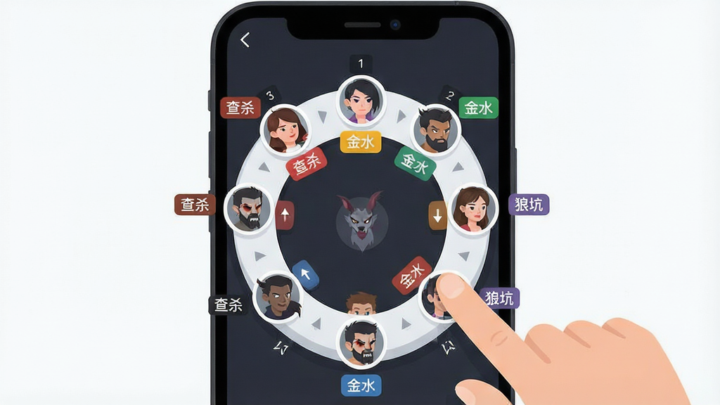 一张展示“疯狂狼人”快捷标记功能的插画,画面中央是手机屏幕,屏幕内显示一圈玩家座位,每个座位旁有角色头像和标记标签,标签上写着“查杀”“金水”“狼坑”等字样,一位玩家的手指正在点击屏幕上的标记按钮,布局为环形座位排列,风格为清新扁平UI风格,细节包括标签的颜色区分、座位编号、投票箭头,画质高清,画面干净,无多余元素