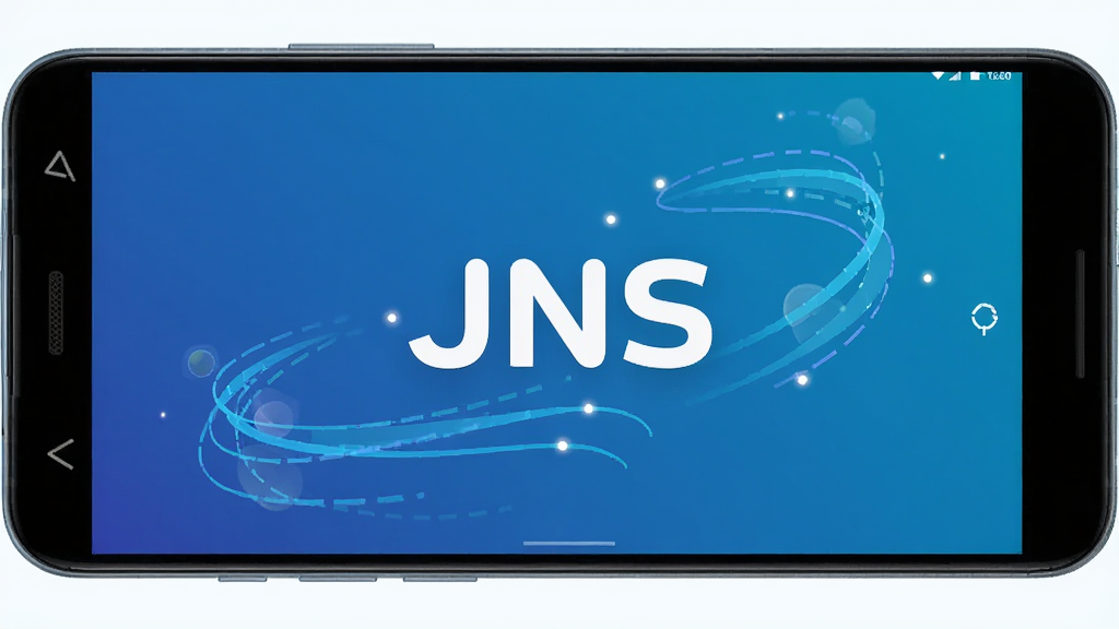 一部安卓手机屏幕显示JNS软件运行界面,界面中央有“JNS”字样和流畅的动画线条,背景为科技感蓝色渐变,布局简洁,风格现代扁平化,细节清晰,画质干净,无多余元素